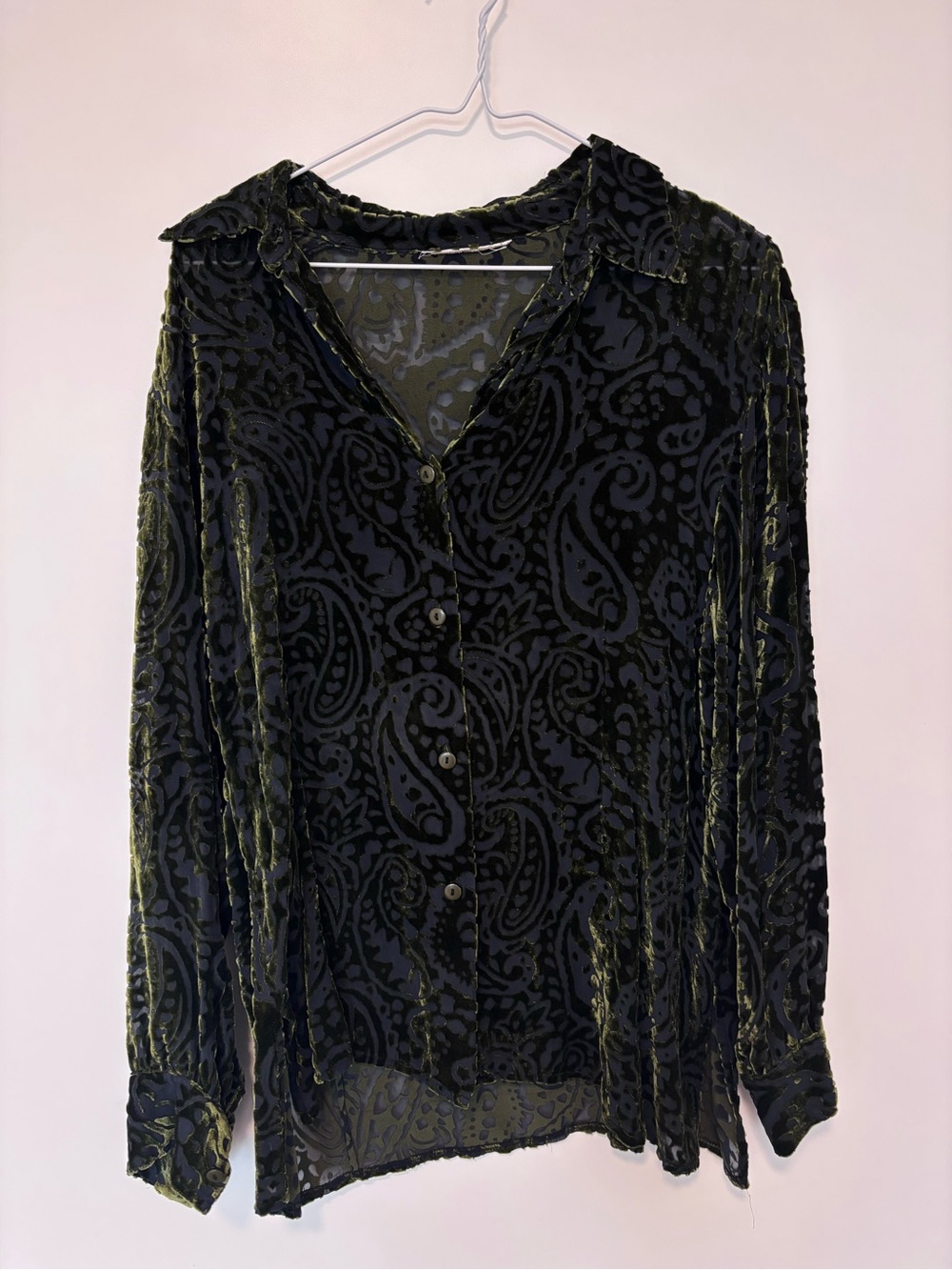 Velvet Burnout Button-Up Top - Black and Olive